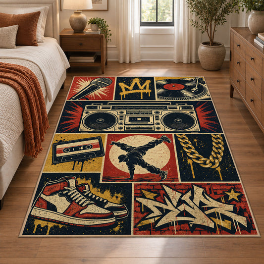 Hip hop rug with boombox, sneakers and street art collage in navy, red and gold