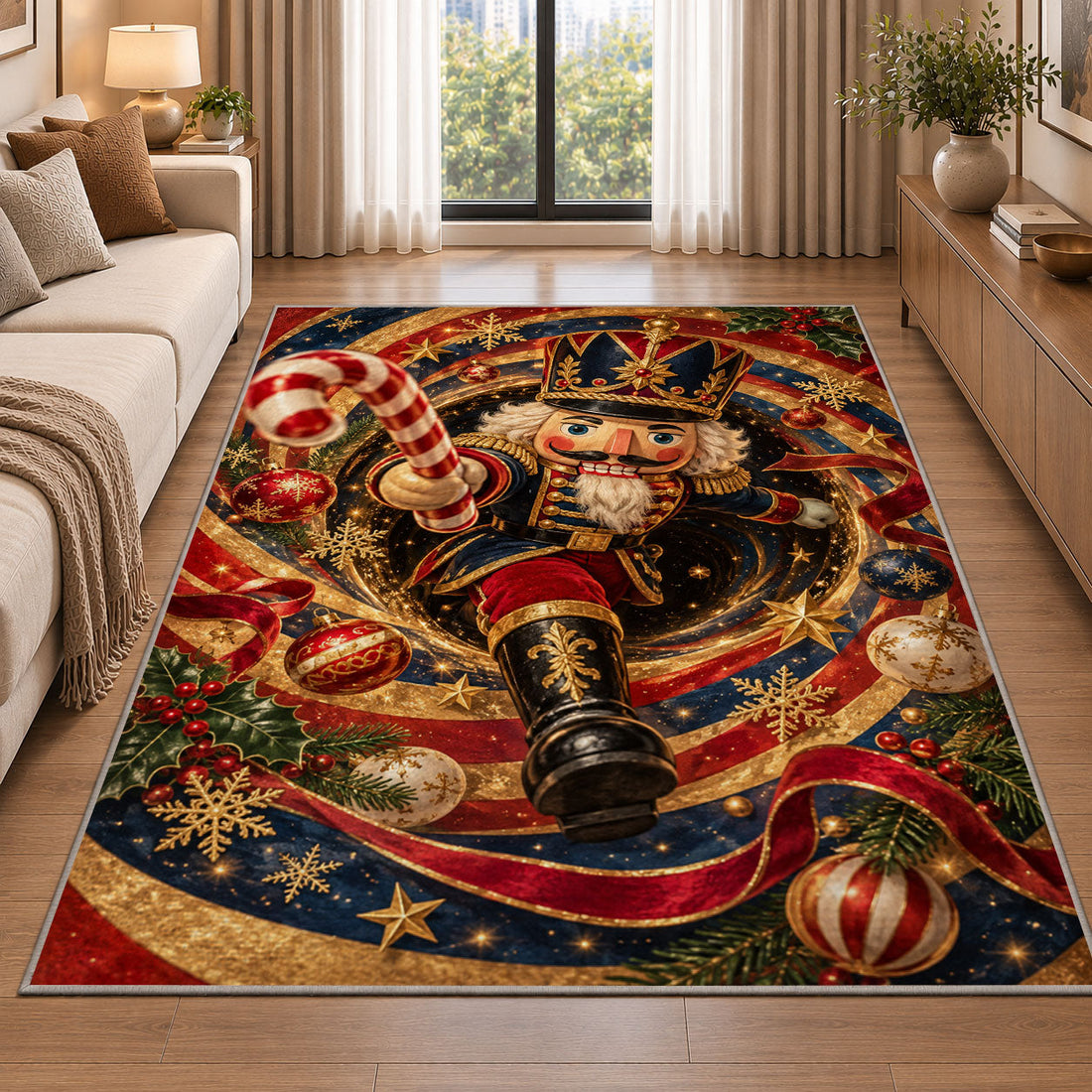 Nutcracker Christmas rug beside a sofa in a bright living room