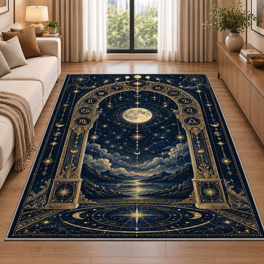 Moonlit celestial arch night sky rug in a living room