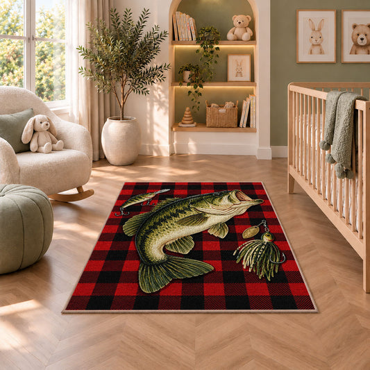 Buffalo plaid bass fishing rug for cabin decor