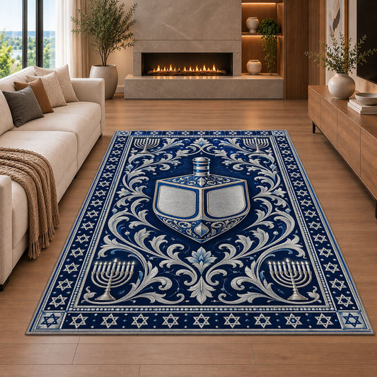 Silver dreidel Hanukkah rug in a living room with a fireplace