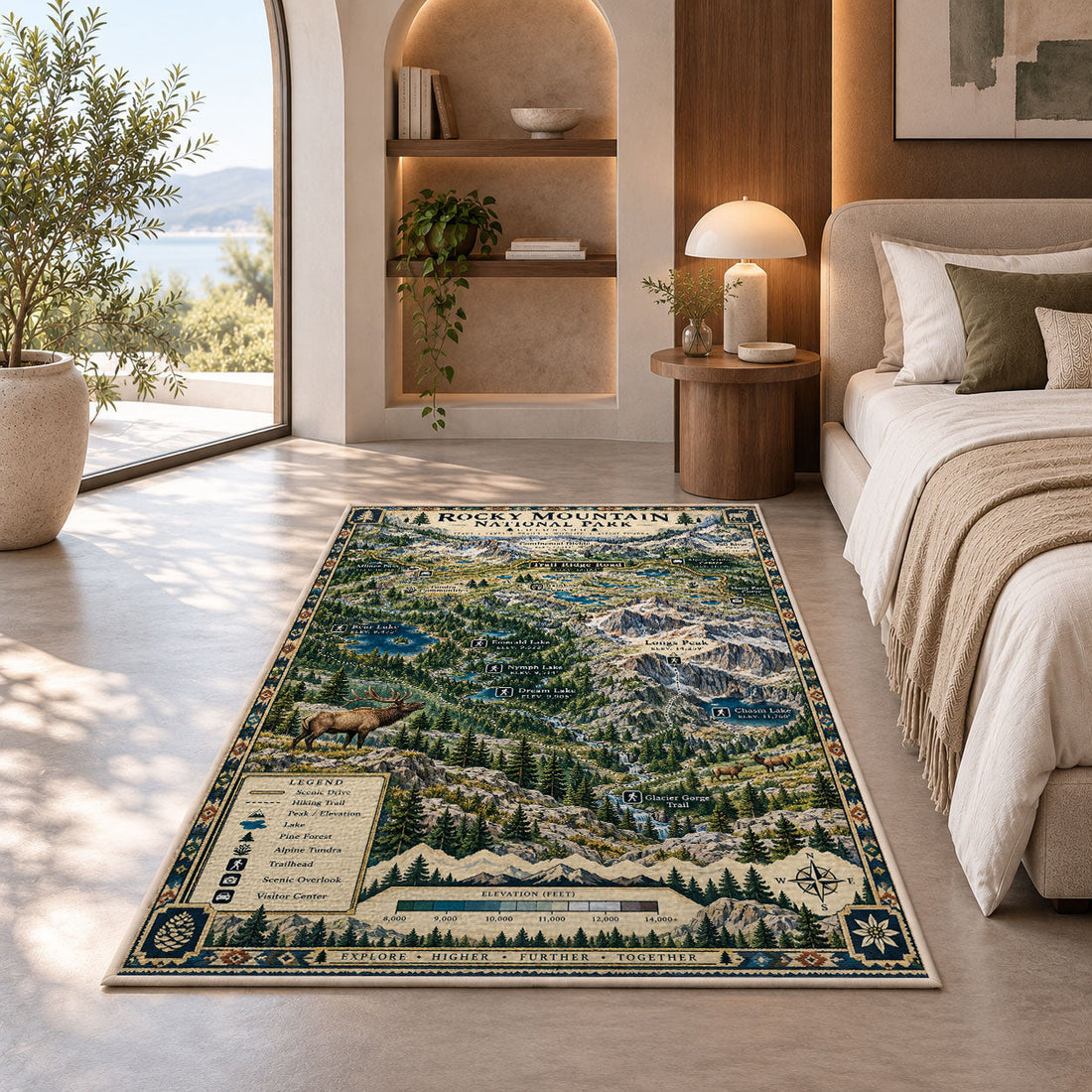 Illustrated Rocky Mountain national park map rug in a bedroom