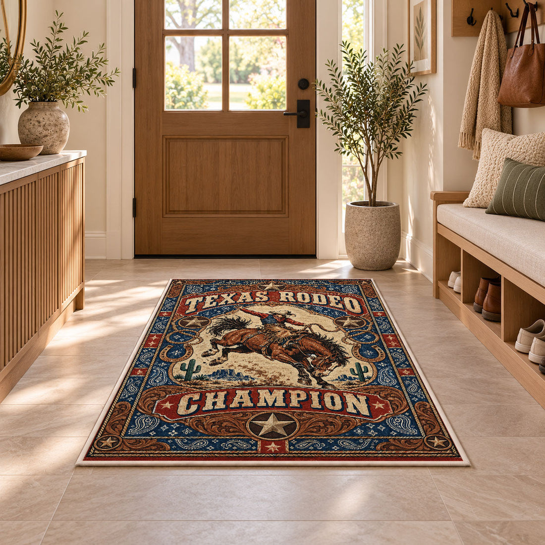 Vintage rodeo rider western rug for ranch decor