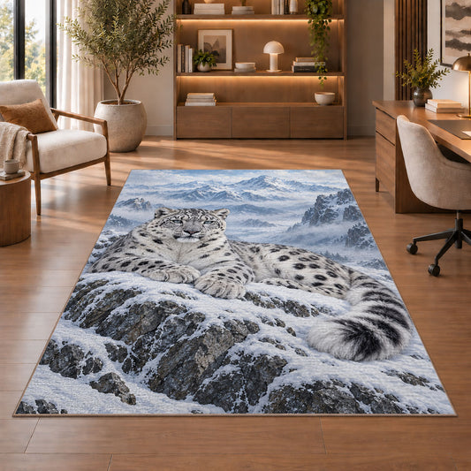 Snow Leopard Mountain Rug in a home office with wooden shelves