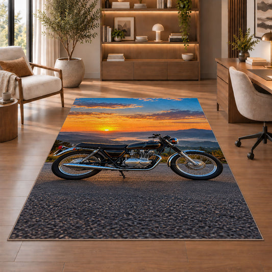 Classic Motorcycle Sunset Rug in a home office with wooden shelves