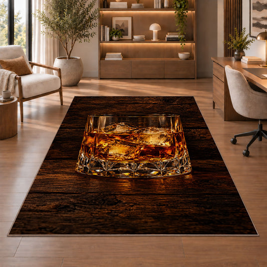 Whiskey on the Rocks Rug in a home office with wooden shelves