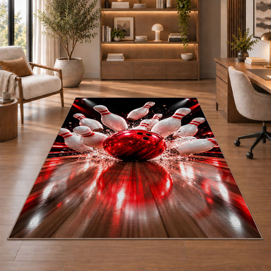 Bowling Strike Rug in a home office with wooden shelves
