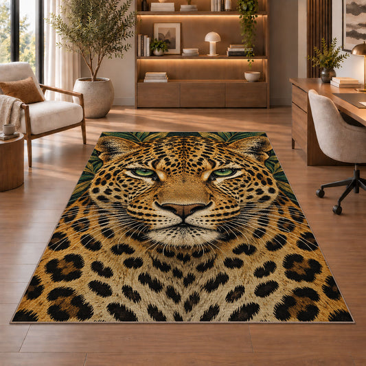 Leopard Face Close-Up Rug in a home office with wooden shelves