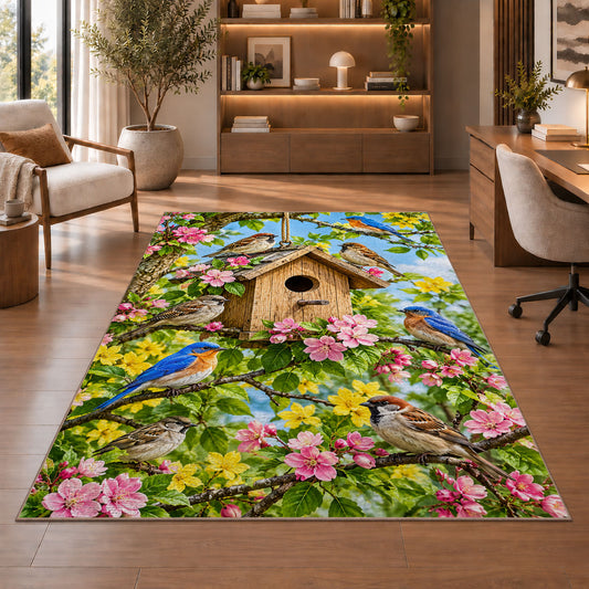 Birdhouse and Songbirds Rug in a home office with wooden shelves