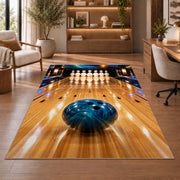 Bowling Lane Perspective Rug in a home office with wooden shelves