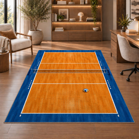 Volleyball Court Top View Rug in a home office with wooden shelves