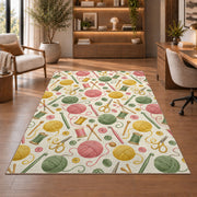 Knitting Tools Pattern Rug in a home office with wooden shelves