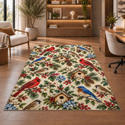 Backyard Birds Pattern Rug in a home office with wooden shelves