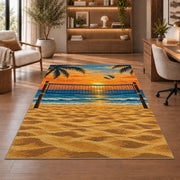 Beach Volleyball Sunset Rug in a home office with wooden shelves