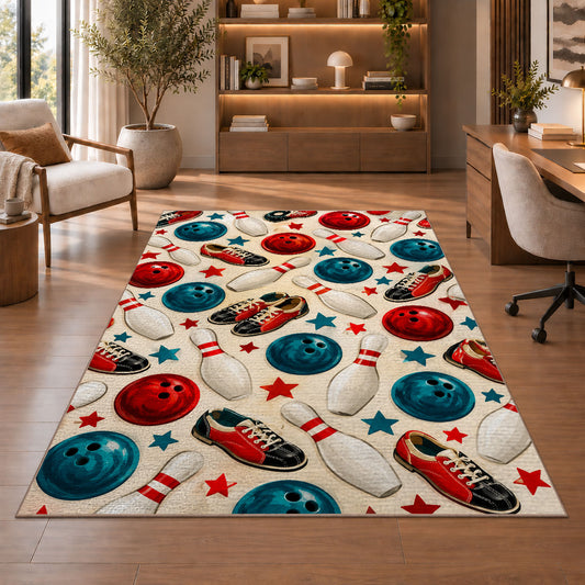 Bowling Pattern Rug in a home office with wooden shelves