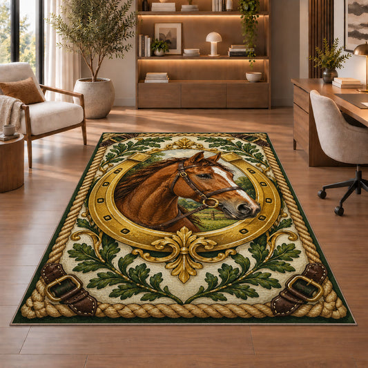 Horse Head in Horseshoe Rug in a home office with wooden shelves