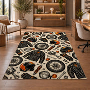 Biker Gear Pattern Rug in a home office with wooden shelves