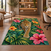 Leopard in Tropical Leaves Rug in a home office with wooden shelves