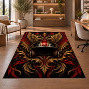 Winged Motorcycle Helmet Rug in a home office with wooden shelves