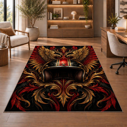 Winged Motorcycle Helmet Rug in a home office with wooden shelves