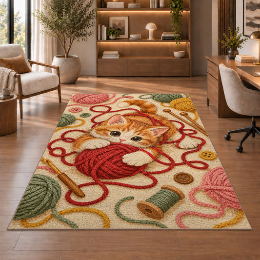 Kitten Playing with Yarn Rug in a home office with wooden shelves