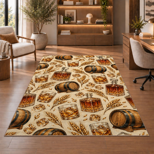 Whiskey Bar Pattern Rug in a home office with wooden shelves
