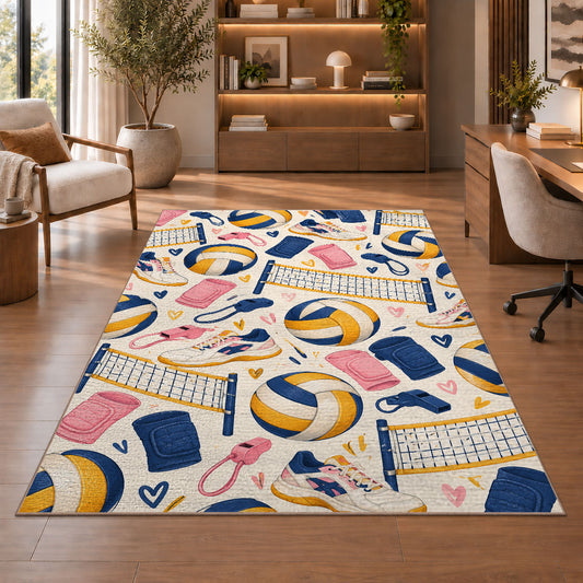 Volleyball Gear Pattern Rug in a home office with wooden shelves
