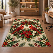 Two Cardinals and Wreath Rug in a home office with wooden shelves