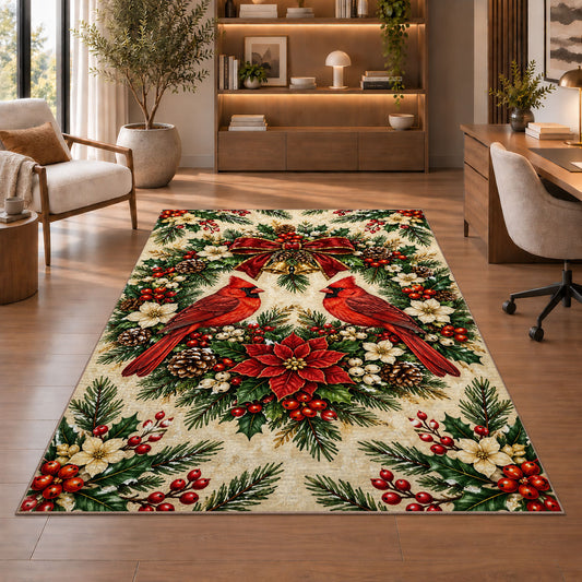 Two Cardinals and Wreath Rug in a home office with wooden shelves