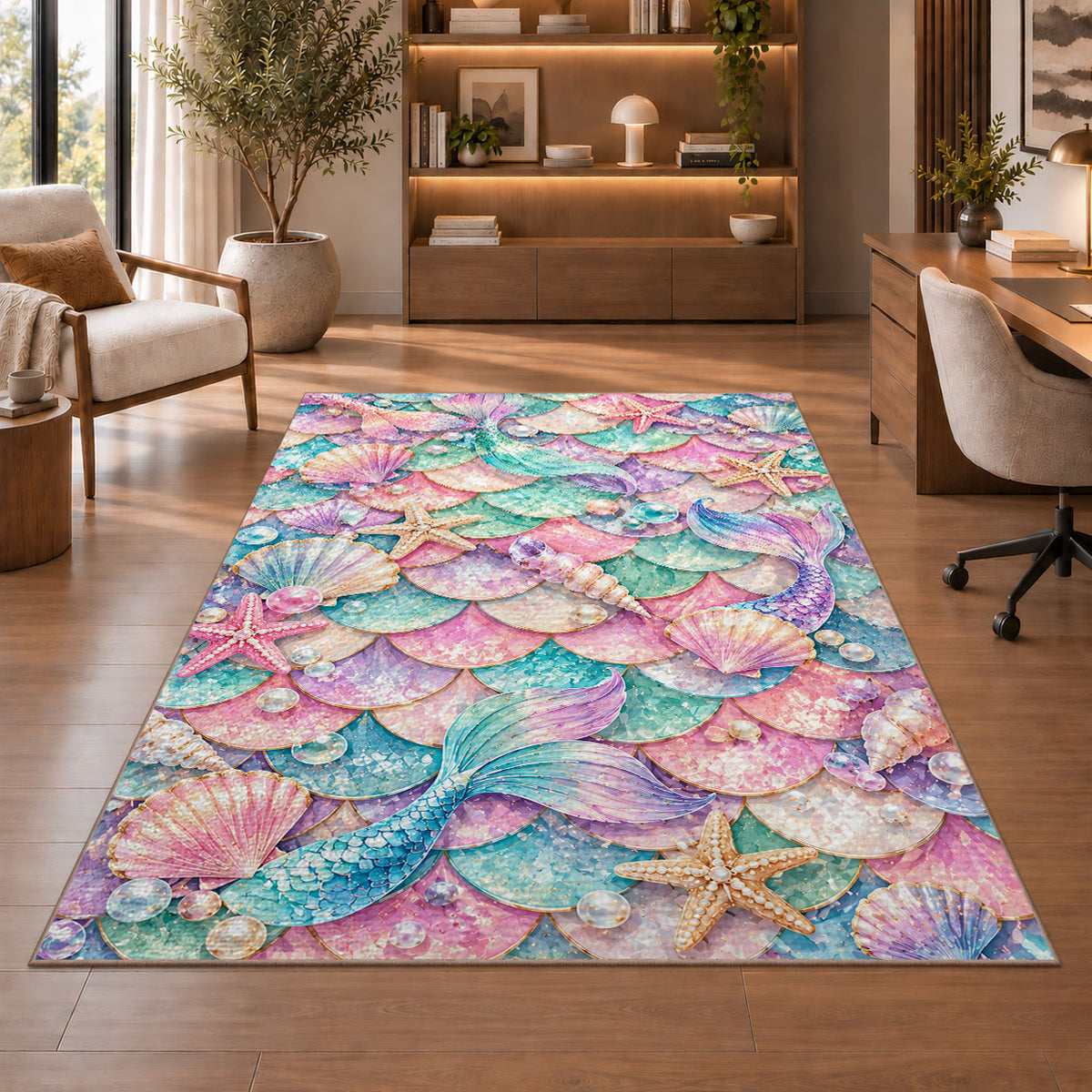 Mermaid Scales and Shells Pattern Rug in a home office with wooden shelves
