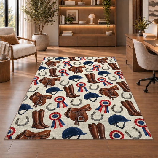 Equestrian Gear Pattern Rug in a home office with wooden shelves