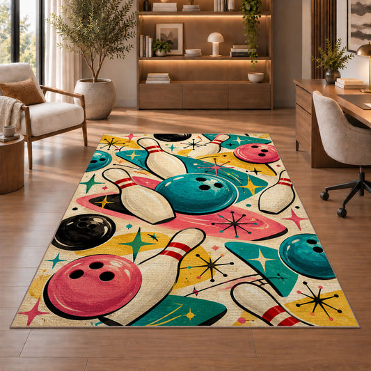 Retro 50s Bowling Rug in a home office with wooden shelves