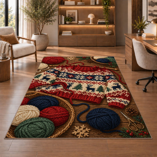 Nordic Sweater Knitting Rug in a home office with wooden shelves