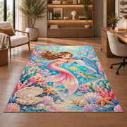 Baby Mermaid and Dolphin Nursery Rug in a home office with wooden shelves