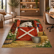 Red Barn Door Horse Rug in a home office with wooden shelves