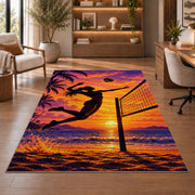 Volleyball Spike Silhouette Rug in a home office with wooden shelves