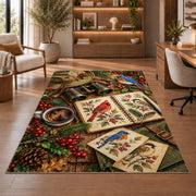 Birdwatching Gear Rug in a home office with wooden shelves