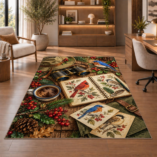 Birdwatching Gear Rug in a home office with wooden shelves