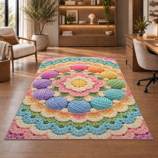 Circle of Yarn Balls Rug in a home office with wooden shelves