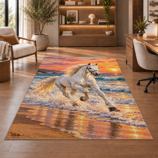 White Horse on Beach Rug in a home office with wooden shelves