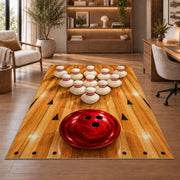 Bowling Pins Triangle Rug in a home office with wooden shelves