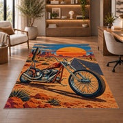 Chopper on Desert Highway Rug in a home office with wooden shelves