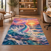 Mermaid Tail at Sunset Rug in a home office with wooden shelves