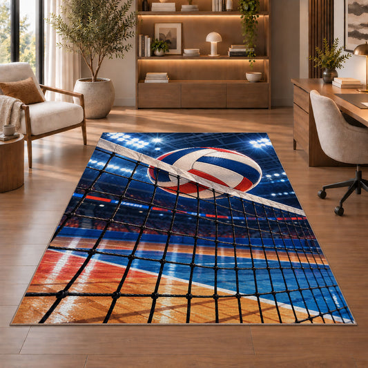 Volleyball Hitting Net Rug in a home office with wooden shelves