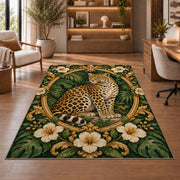 Vintage Leopard Oval Frame Rug in a home office with wooden shelves