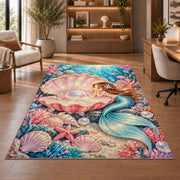 Pearl Shell and Mermaid Rug in a home office with wooden shelves