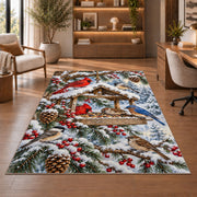 Winter Bird Feeder Rug in a home office with wooden shelves