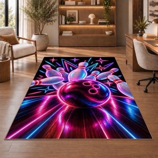 Neon Bowling Rug in a home office with wooden shelves