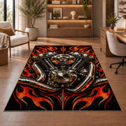 V-Twin Engine Flames Rug in a home office with wooden shelves