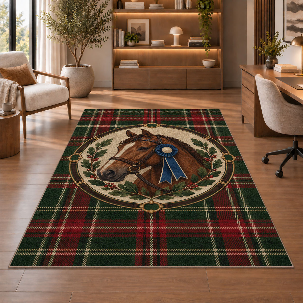 Tartan Horse Medallion Rug in a home office with wooden shelves